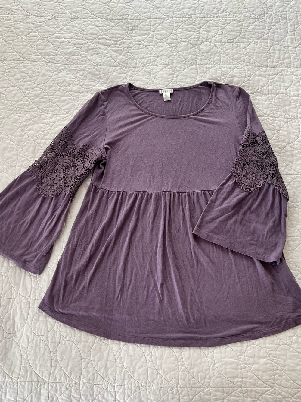 Spense Dusty Plum Peplum Tunic with Lace Bell Sleeves Peasant Babydoll Crochet